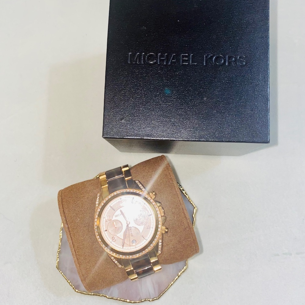 Authentic Michael Kors Gold Tone & Tortoise Chronograph Watch